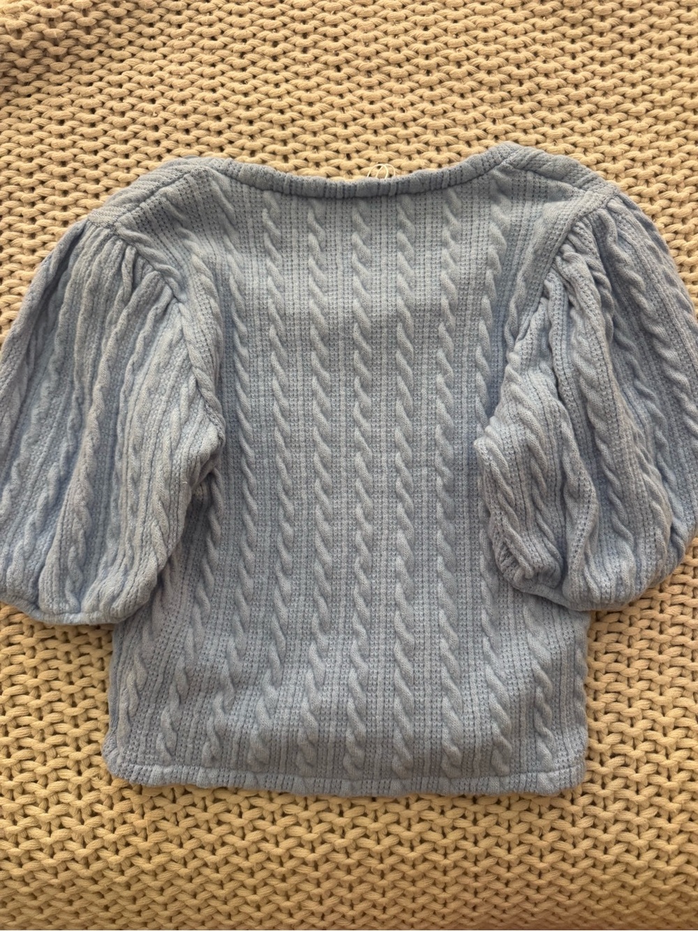 Zara Light Blue Floral Embroidered Cable-Knit Puff Sleeve Top - Picture 4 of 4